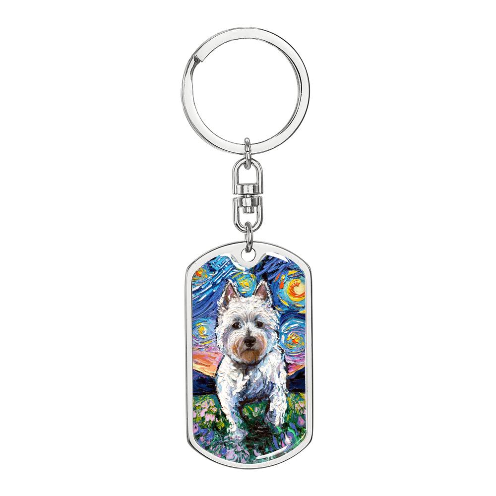 Westie and Flowers Starry Night Dog Tag Keychain