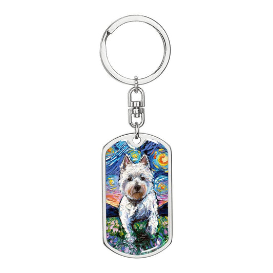 Westie and Flowers Starry Night Dog Tag Keychain