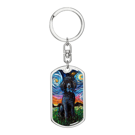 Black Poodle Starry Night Dog Tag Keychain
