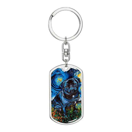 Black Pug Starry Night Dog Tag Keychain