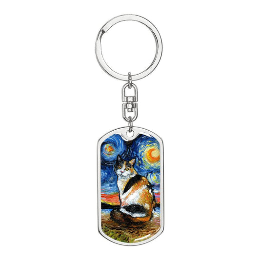 Calico Starry Night Dog Tag Keychain