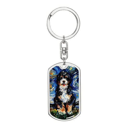 Bernedoodle Starry Night Dog Tag Keychain