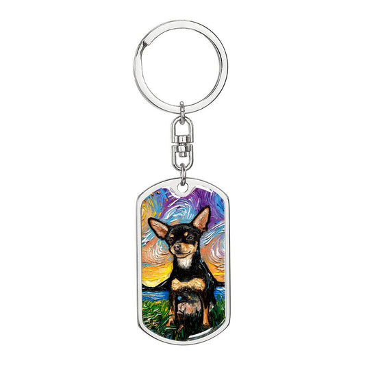 Black and Tan Short Hair Chihuahua Starry Night Dog Tag Keychain