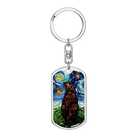 Tortoiseshell Cat Starry Night Dog Tag Keychain