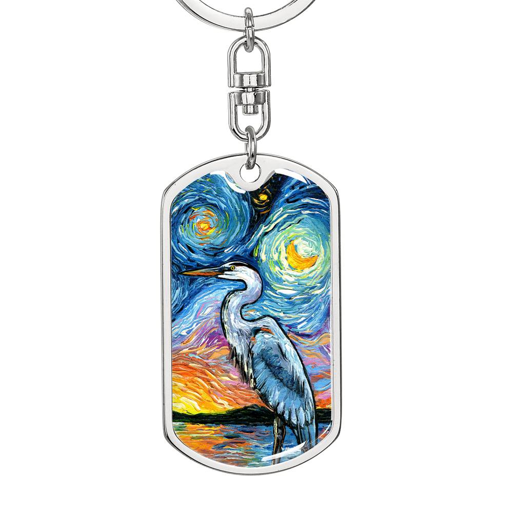 Blue Heron Starry Night Dog Tag Keychain