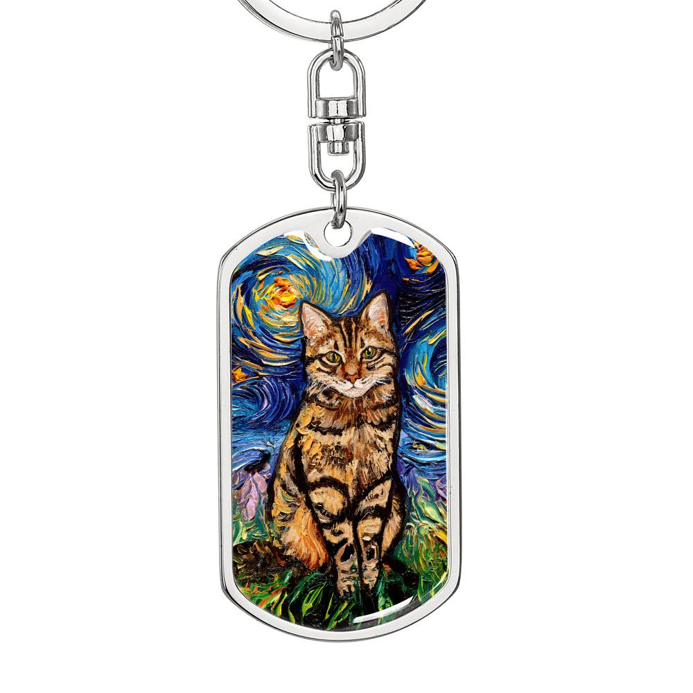 Brown Tabby Cat Starry Night Dog Tag Keychain