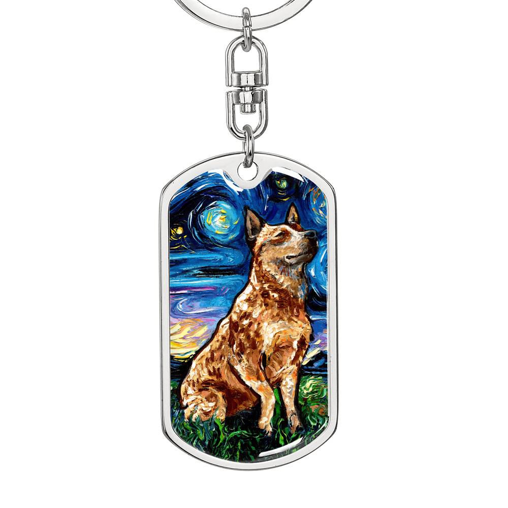 Red Heeler Starry Night Dog Tag Keychain