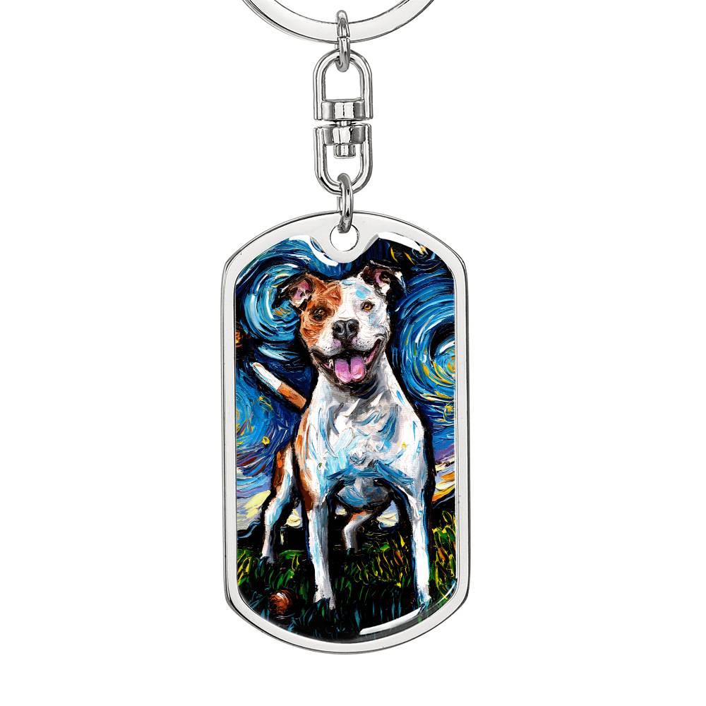 Happy Pitbull Starry Night Dog Tag Keychain