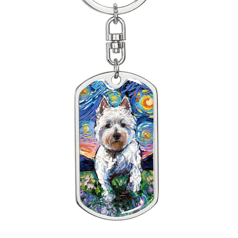 Westie and Flowers Starry Night Dog Tag Keychain
