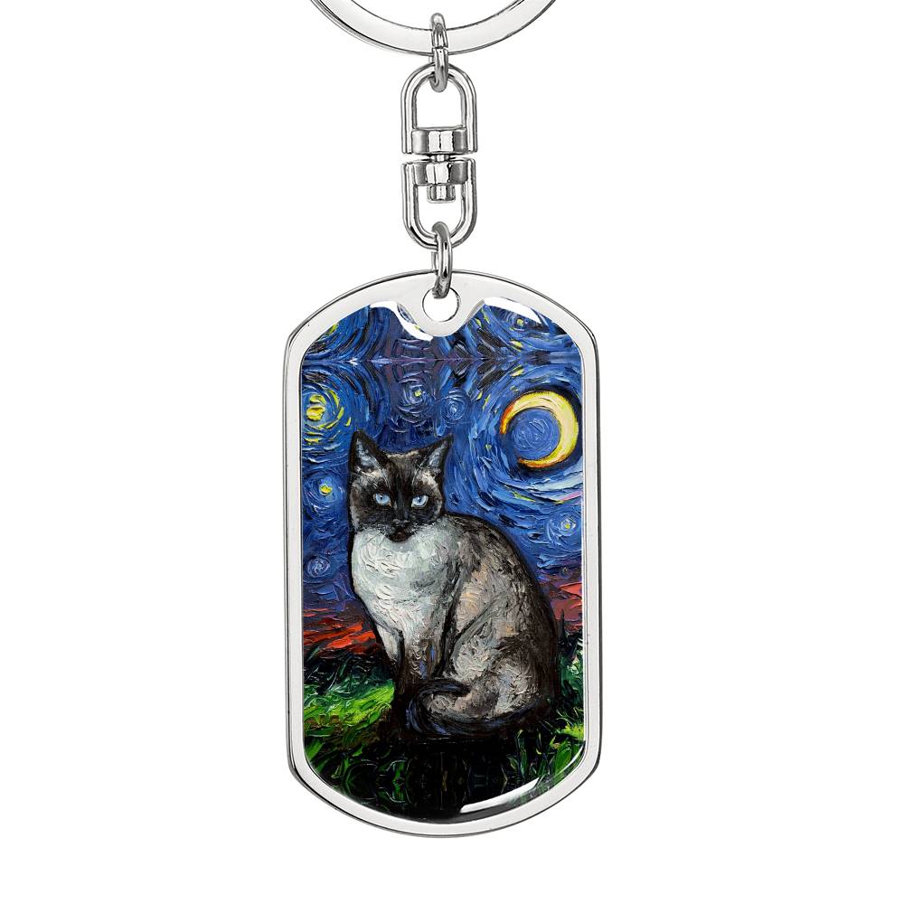 Siamese  Cat Starry Night Dog Tag Keychain