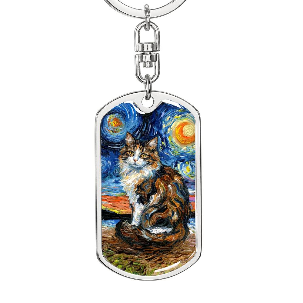 Calico Cat 2 Starry Night Dog Tag Keychain