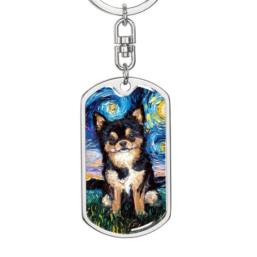 Black and Tan Long Hair Chihuahua Starry Night Dog Tag Keychain