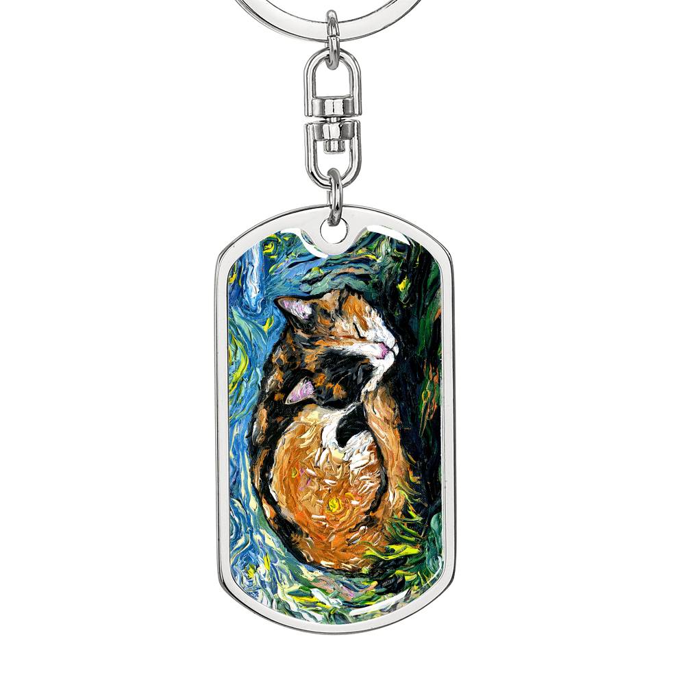 Sleeping Calico Dog Tag Keychain