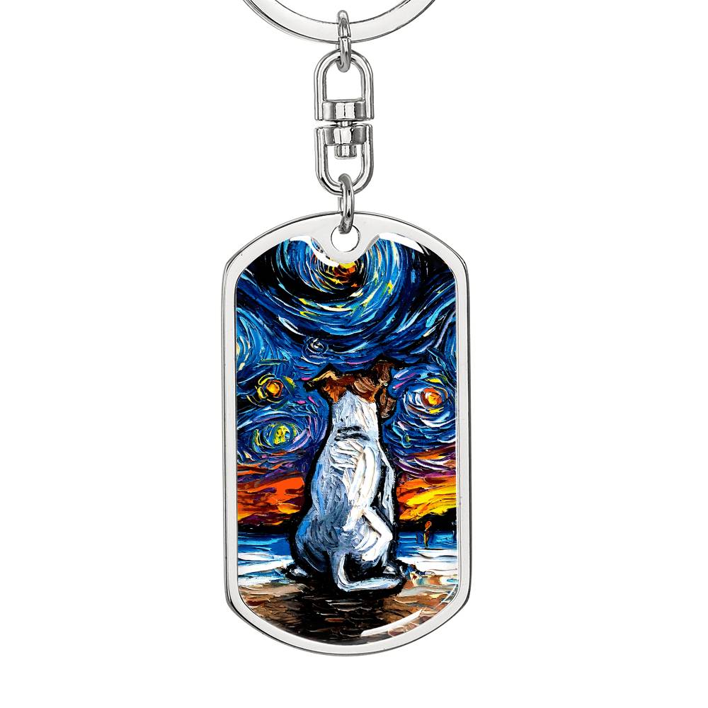 Jack Russell Terrier at the Beach Starry Night Dog Tag Keychain