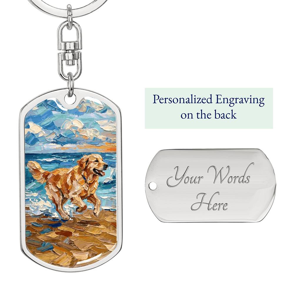 Frolicking Golden Retriever Dog Tag Keychain
