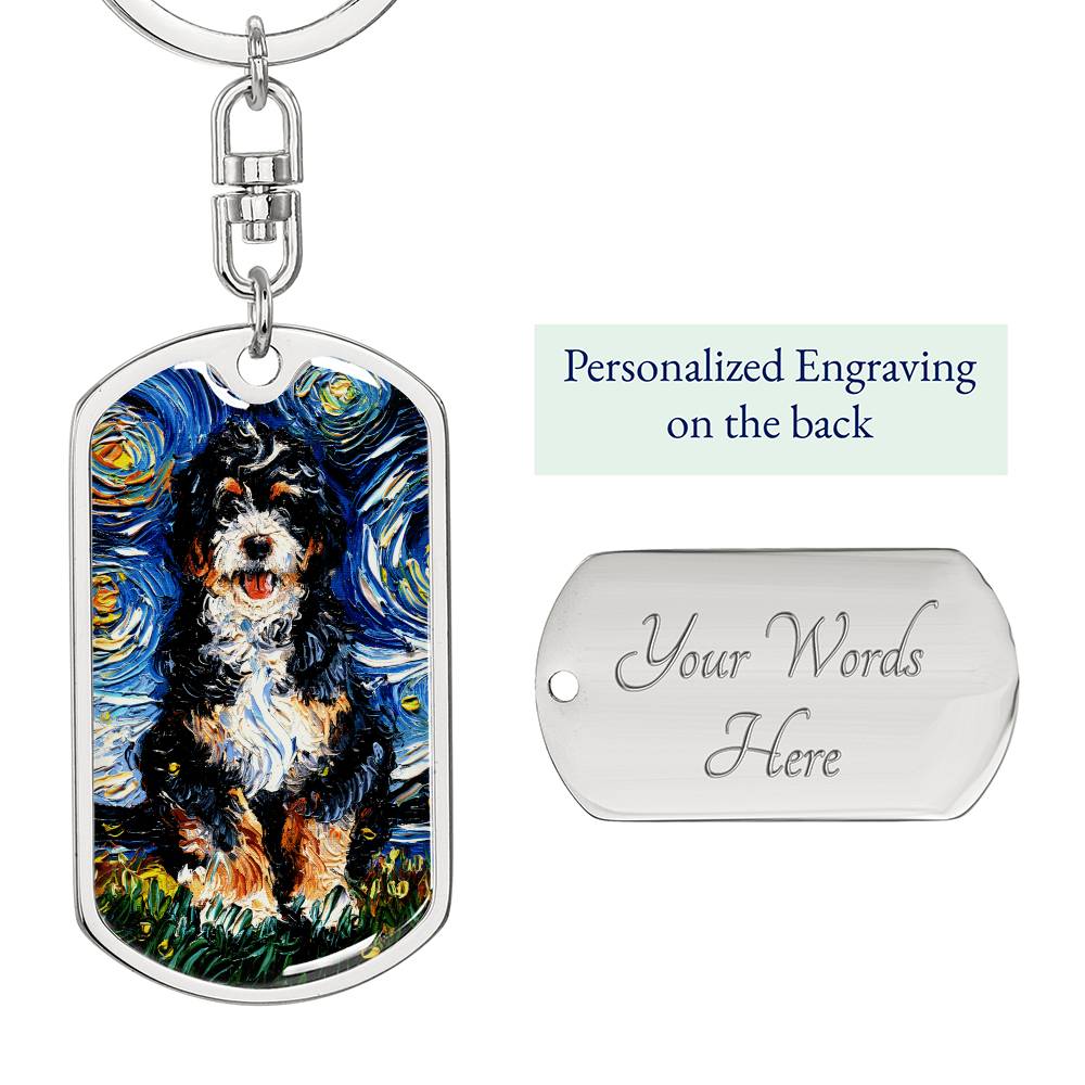 Bernedoodle Starry Night Dog Tag Keychain
