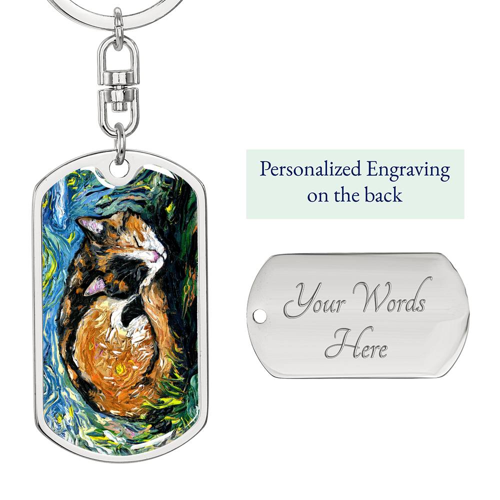 Sleeping Calico Dog Tag Keychain