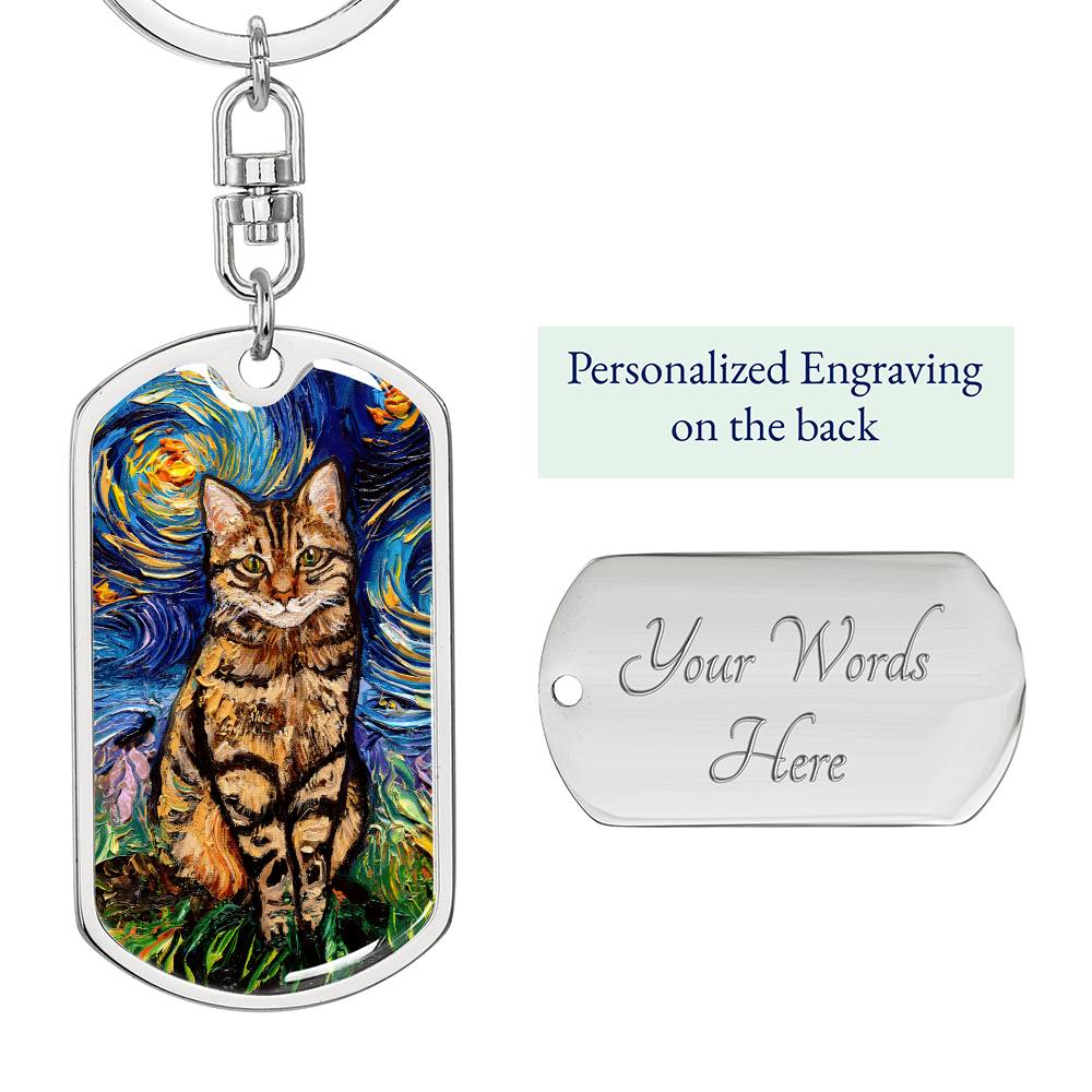 Brown Tabby Cat Starry Night Dog Tag Keychain