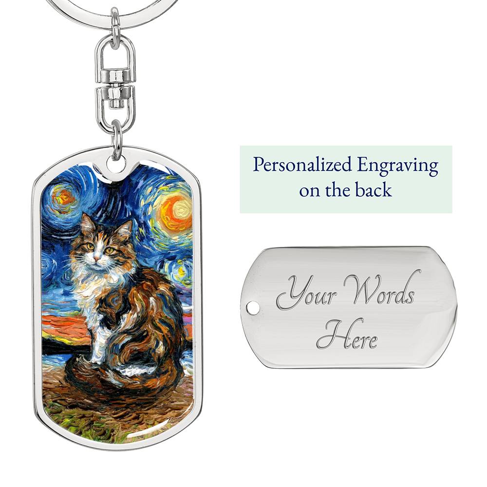 Calico Cat 2 Starry Night Dog Tag Keychain