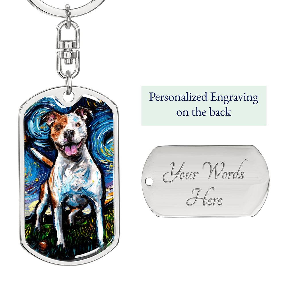 Happy Pitbull Starry Night Dog Tag Keychain