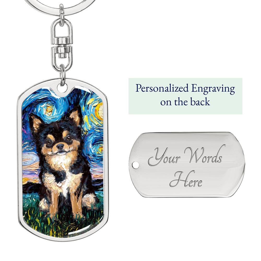 Black and Tan Long Hair Chihuahua Starry Night Dog Tag Keychain