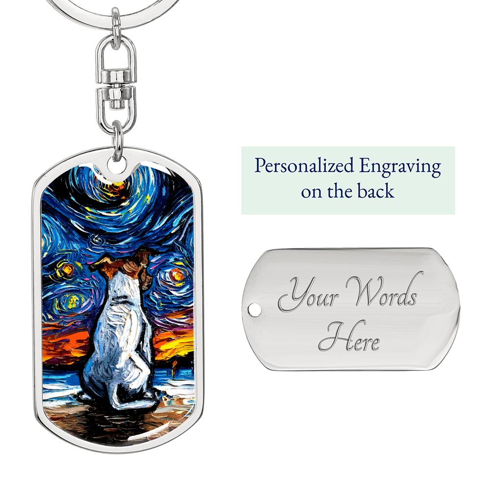 Jack Russell Terrier at the Beach Starry Night Dog Tag Keychain