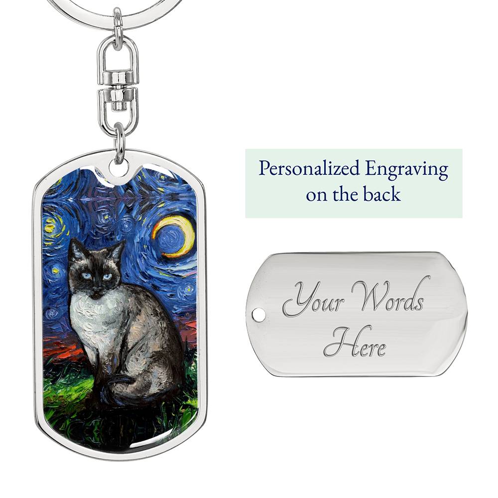 Siamese  Cat Starry Night Dog Tag Keychain
