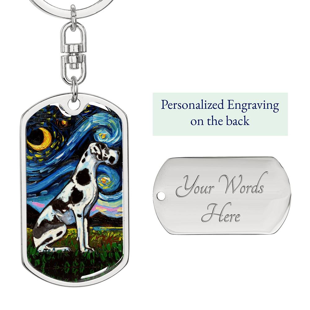Harlequin Great Dane Starry Night Dog Tag Keychain