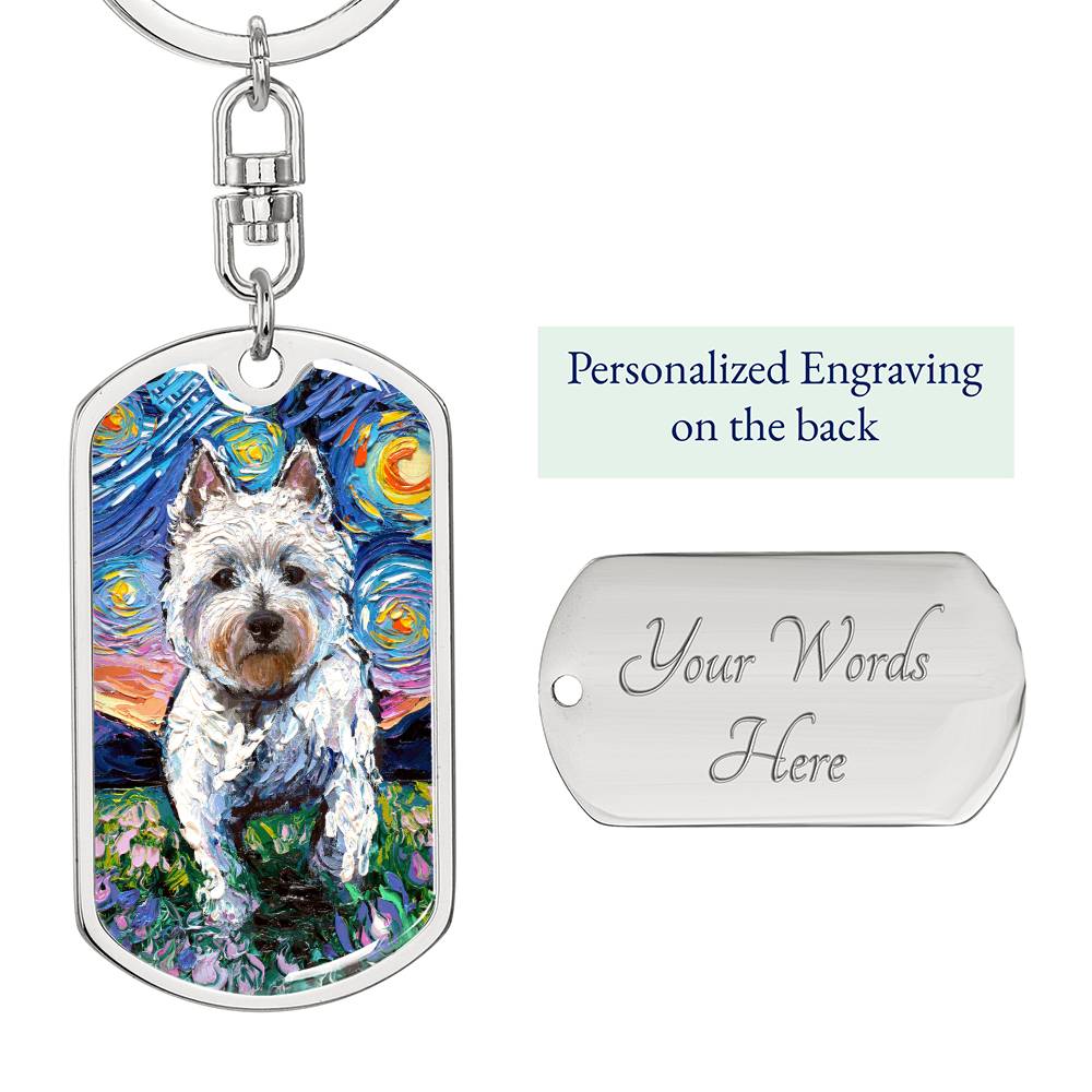 Westie and Flowers Starry Night Dog Tag Keychain