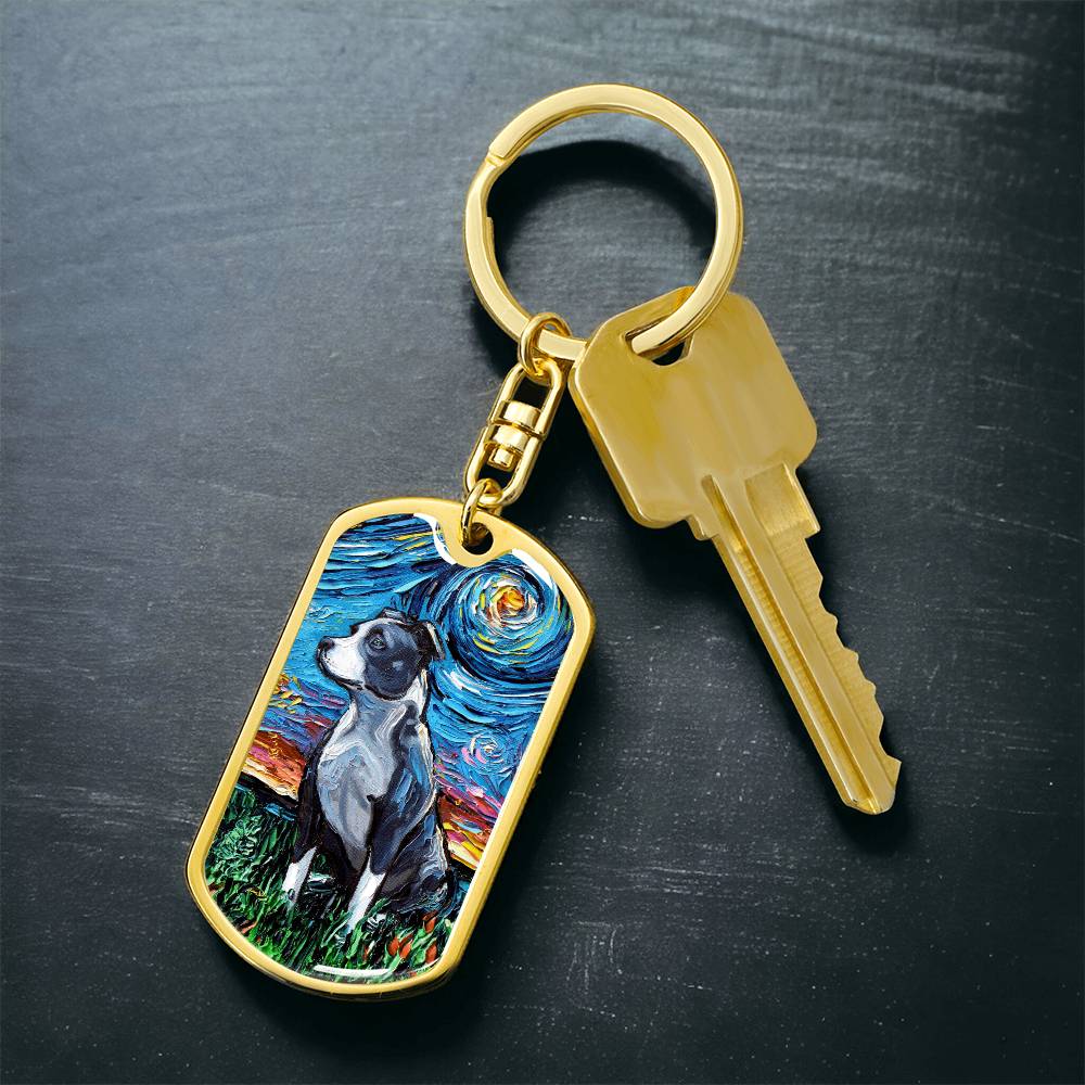 Pitbull Starry Night Dog Tag Keychain