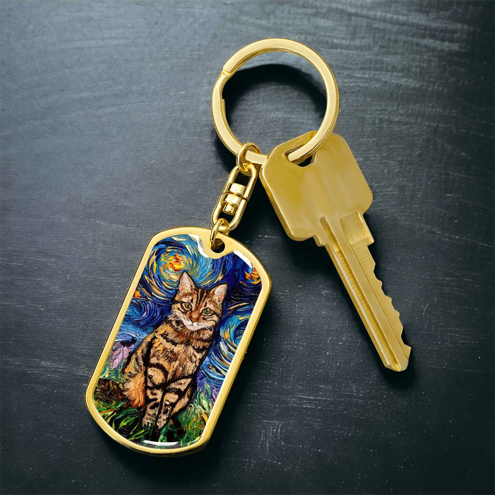 Brown Tabby Cat Starry Night Dog Tag Keychain