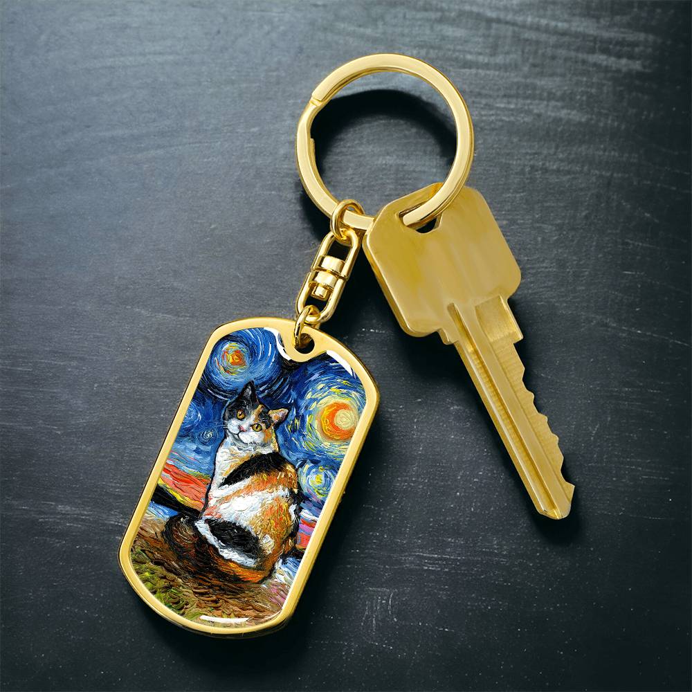 Calico Starry Night Dog Tag Keychain