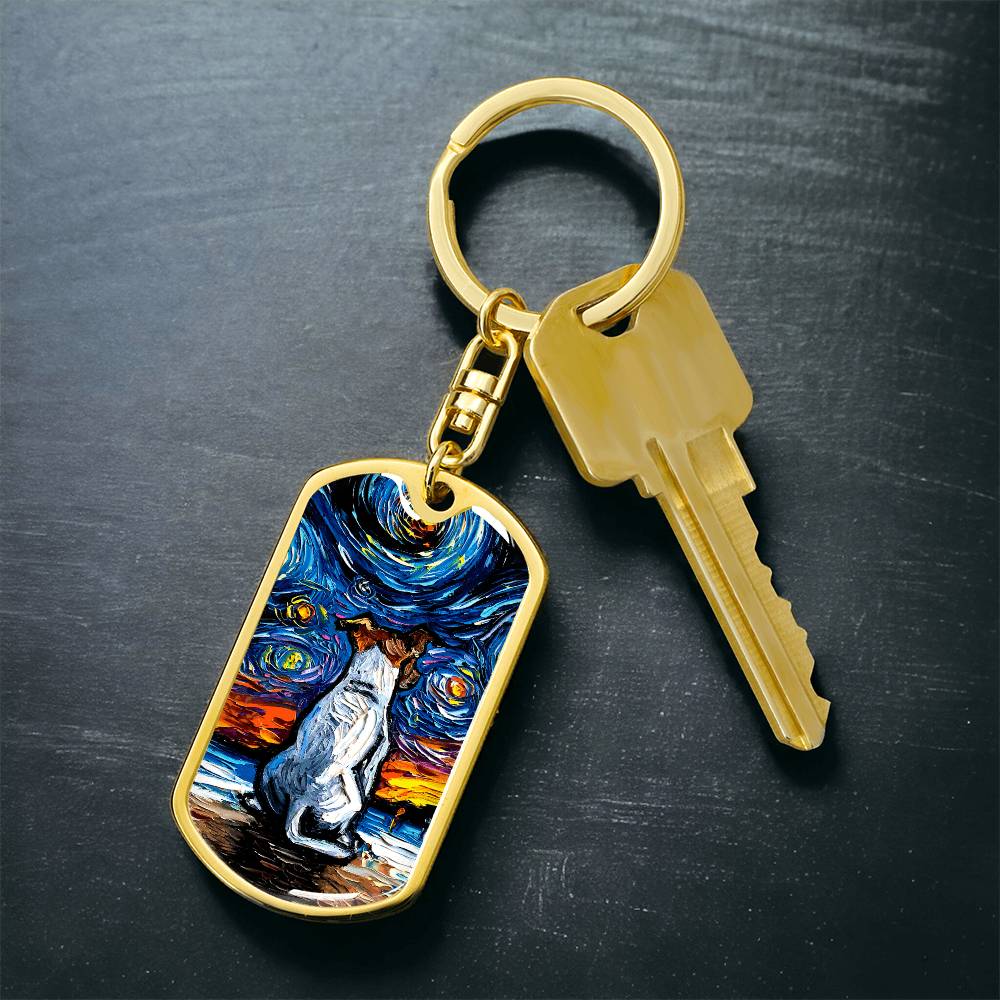 Jack Russell Terrier at the Beach Starry Night Dog Tag Keychain