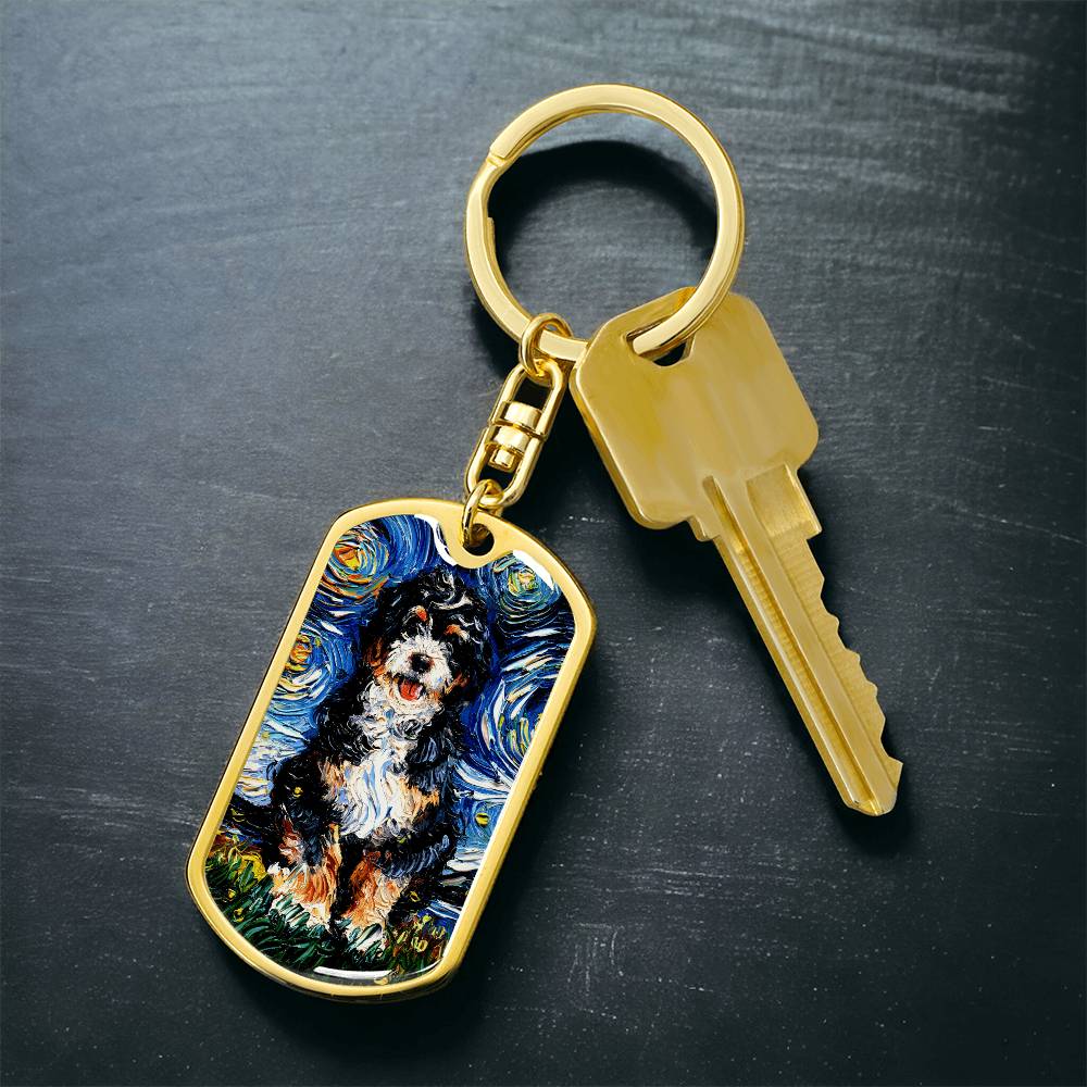 Bernedoodle Starry Night Dog Tag Keychain