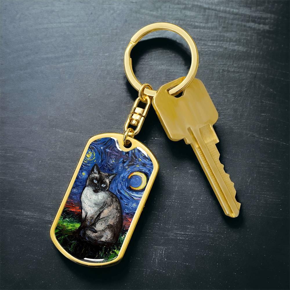 Siamese  Cat Starry Night Dog Tag Keychain