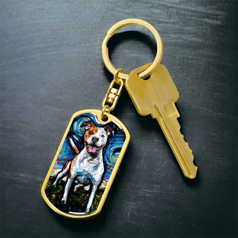 Happy Pitbull Starry Night Dog Tag Keychain
