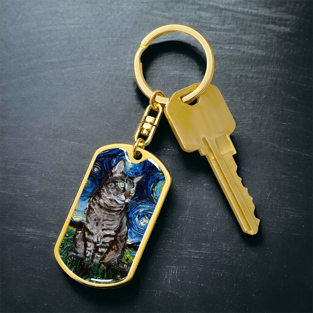 Tabby Cat Starry Night Dog Tag Keychain