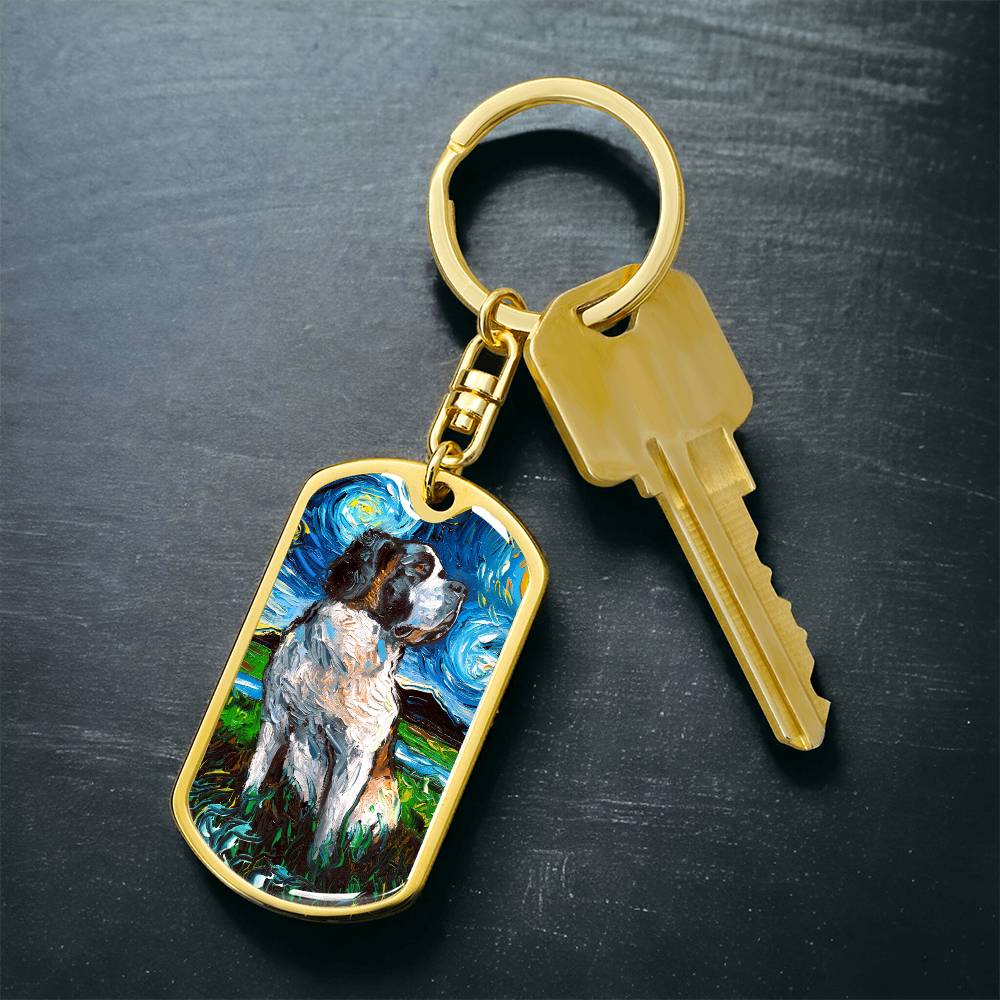 Saint Bernard Starry Night Dog Tag Keychain