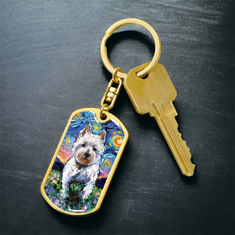 Westie and Flowers Starry Night Dog Tag Keychain
