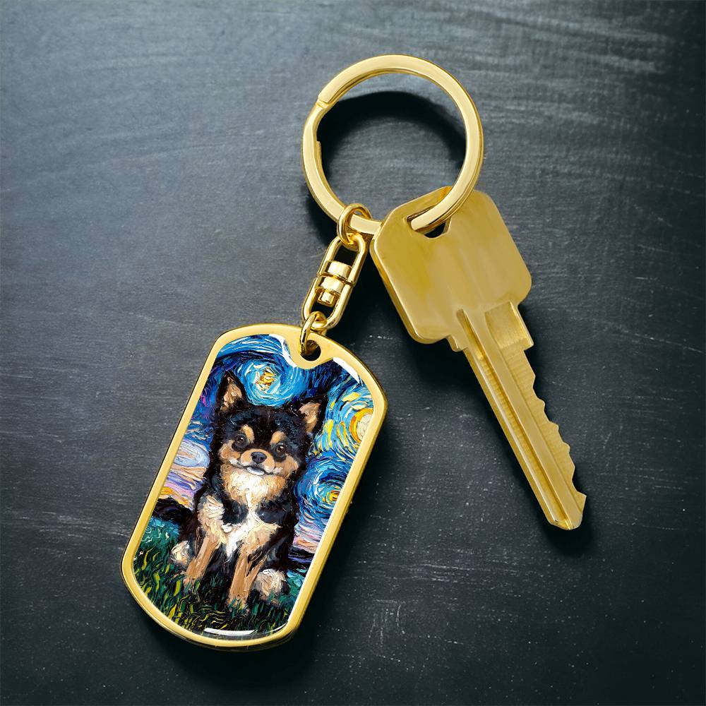 Black and Tan Long Hair Chihuahua Starry Night Dog Tag Keychain