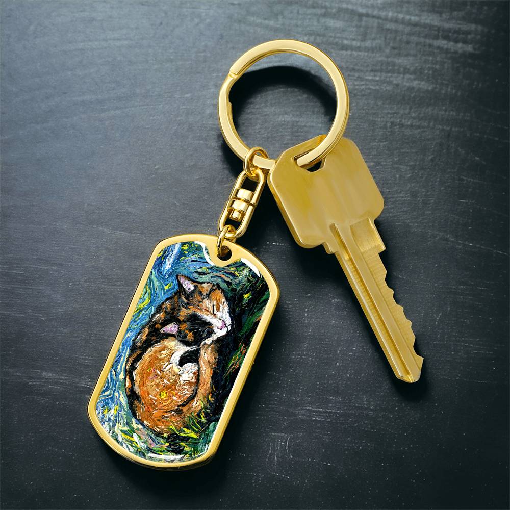 Sleeping Calico Dog Tag Keychain