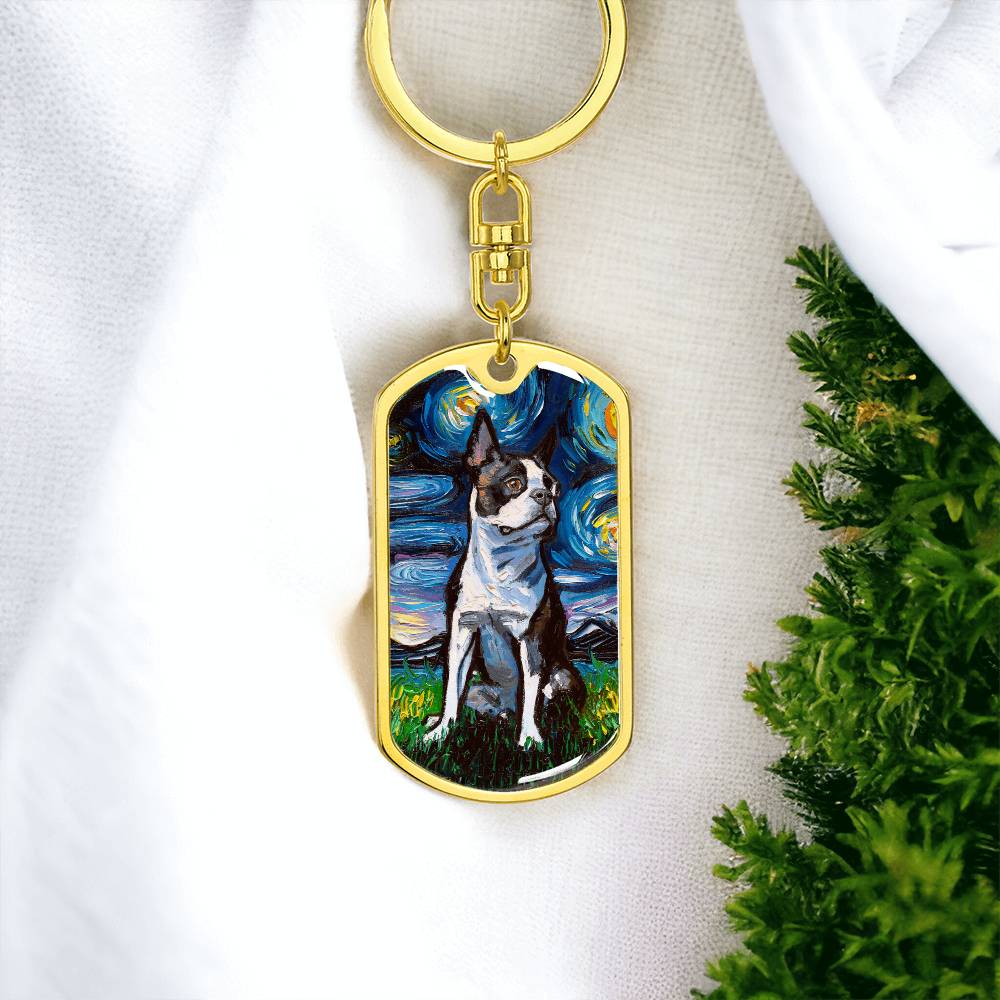Boston Terrier starry Night Dog Tag Keychain