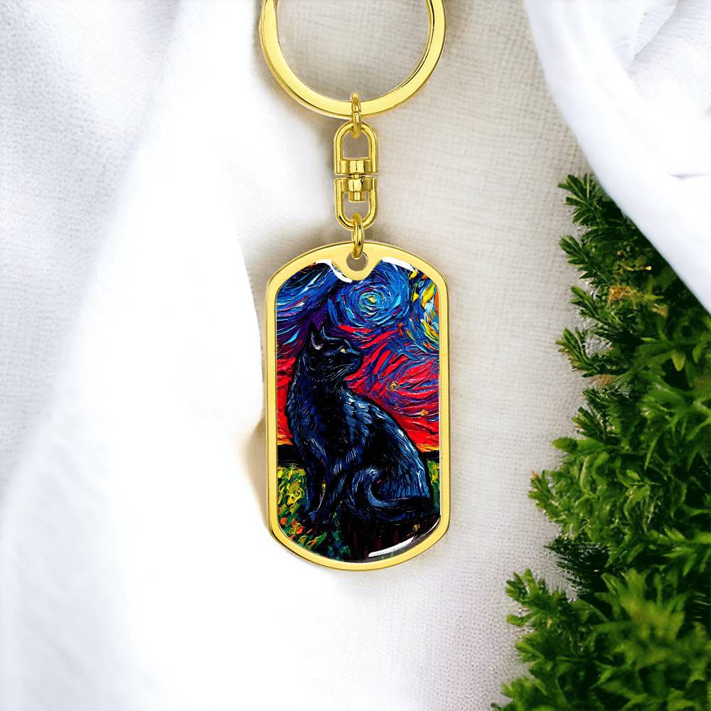 Black Cat Starry Night Dog Tag Keychain
