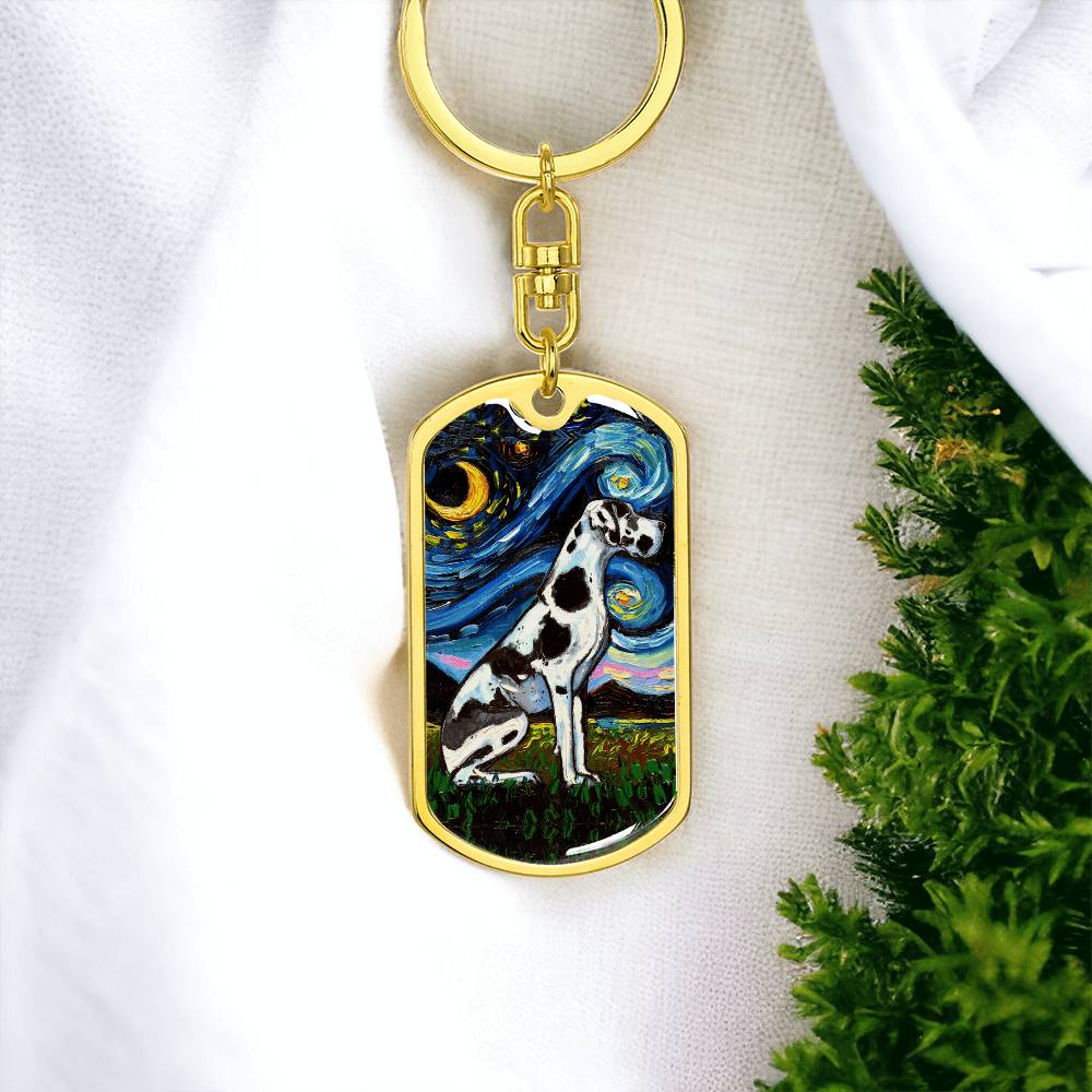 Harlequin Great Dane Starry Night Dog Tag Keychain