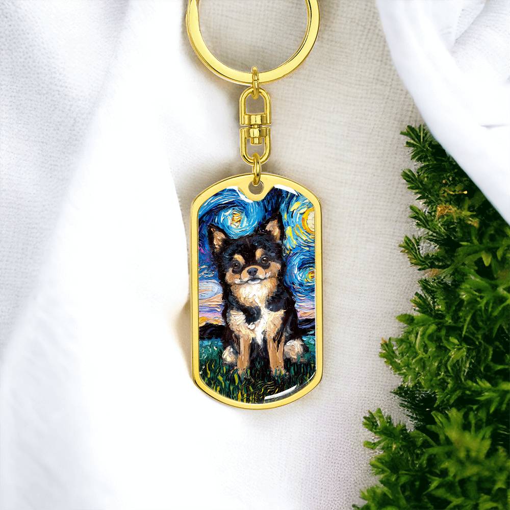 Black and Tan Long Hair Chihuahua Starry Night Dog Tag Keychain