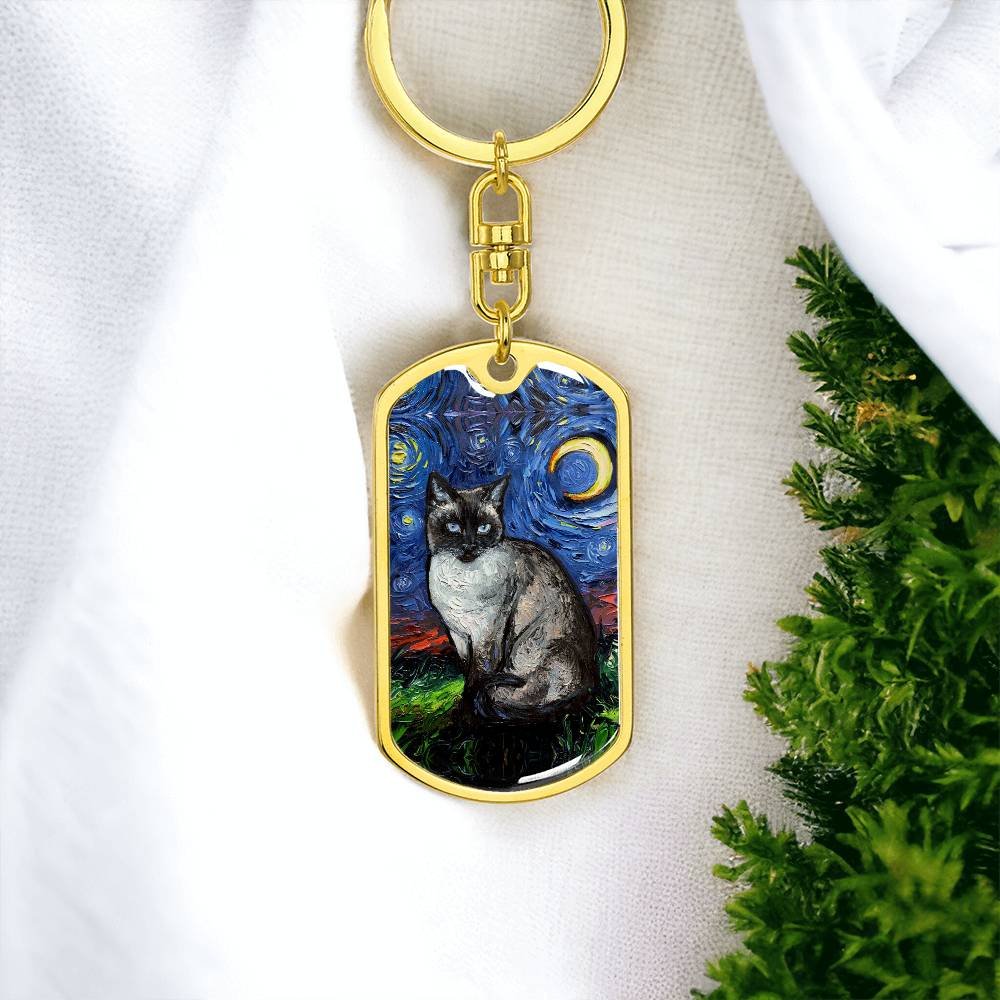 Siamese  Cat Starry Night Dog Tag Keychain