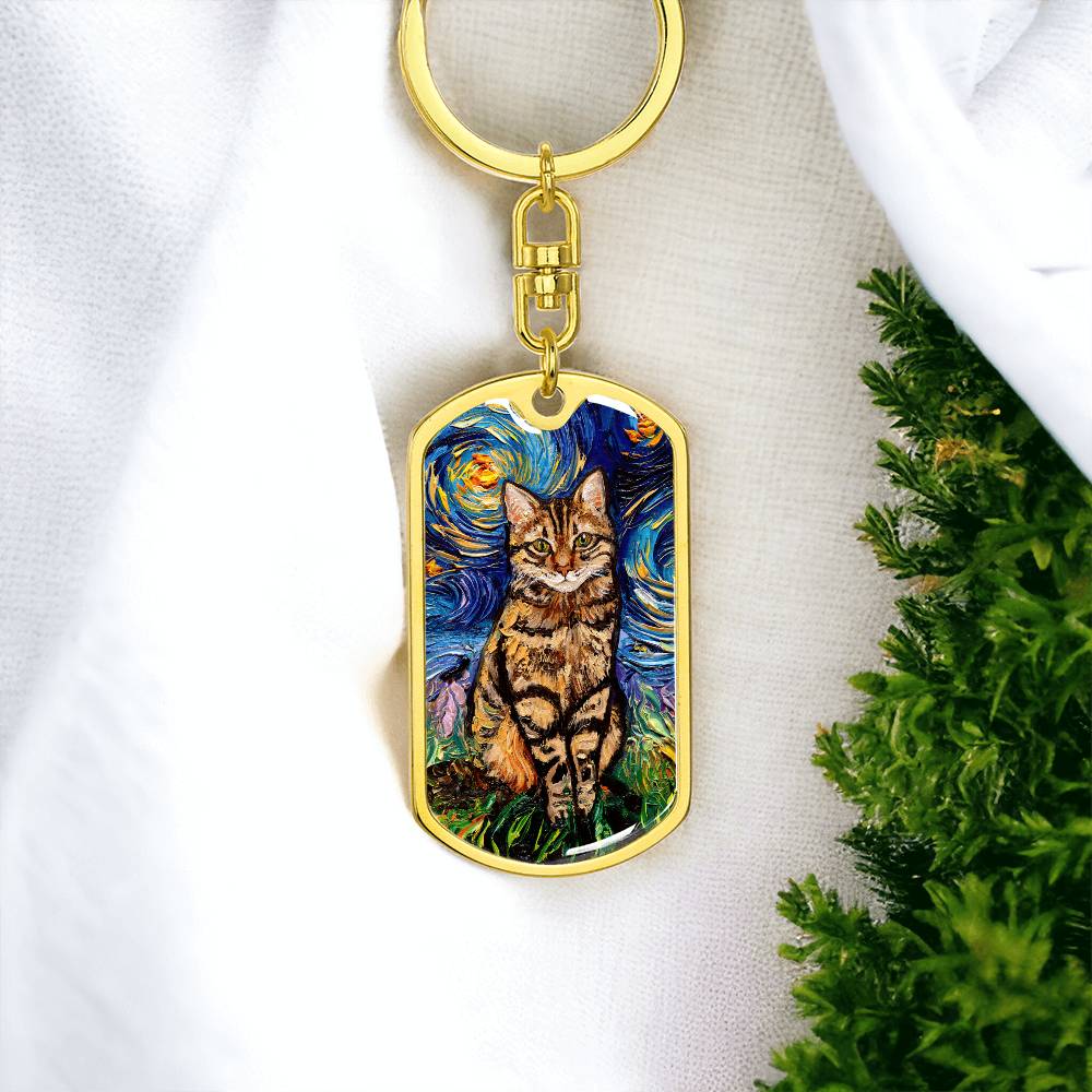 Brown Tabby Cat Starry Night Dog Tag Keychain