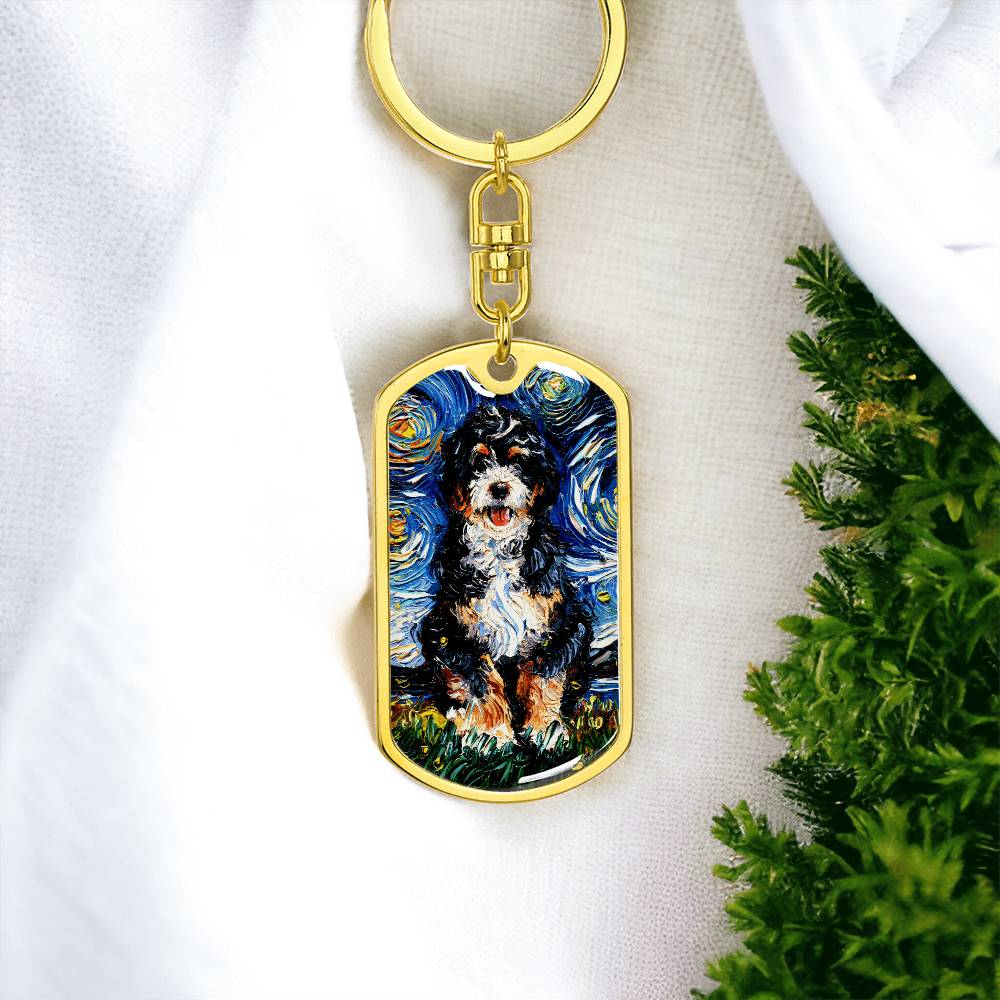 Bernedoodle Starry Night Dog Tag Keychain