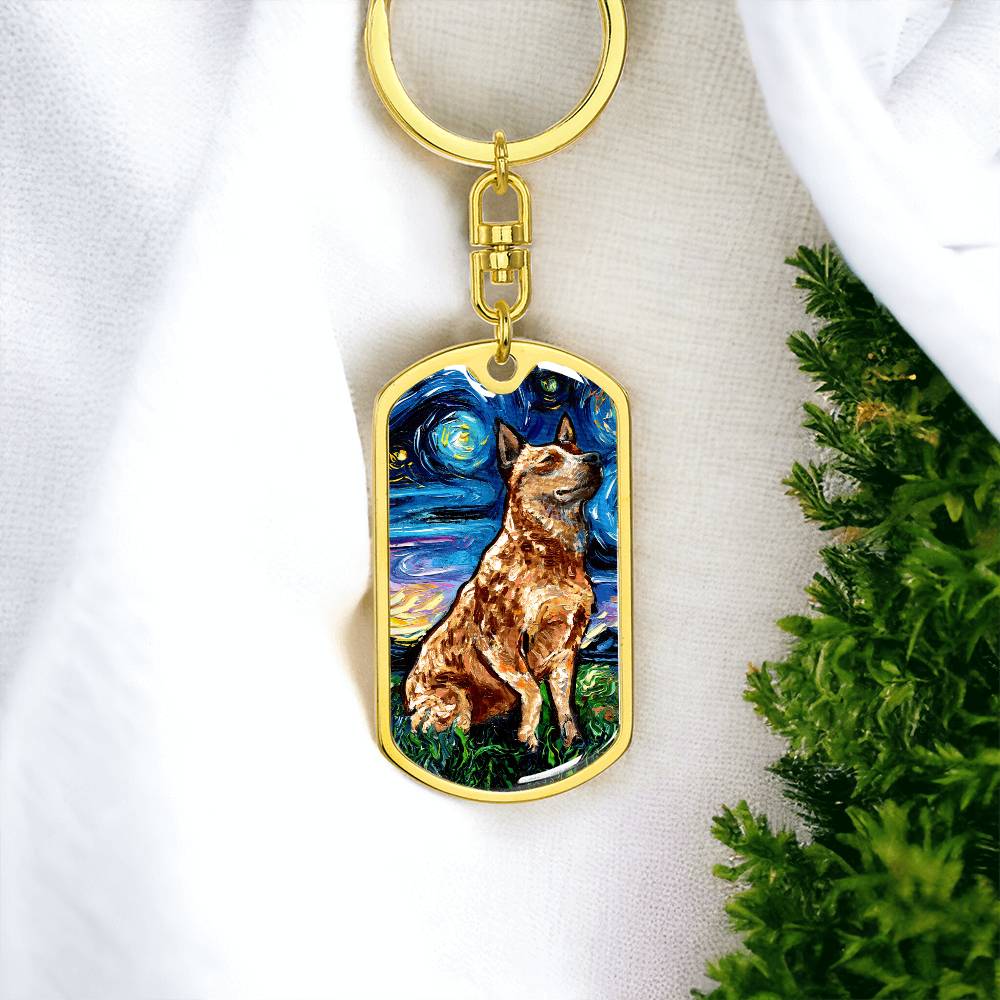 Red Heeler Starry Night Dog Tag Keychain