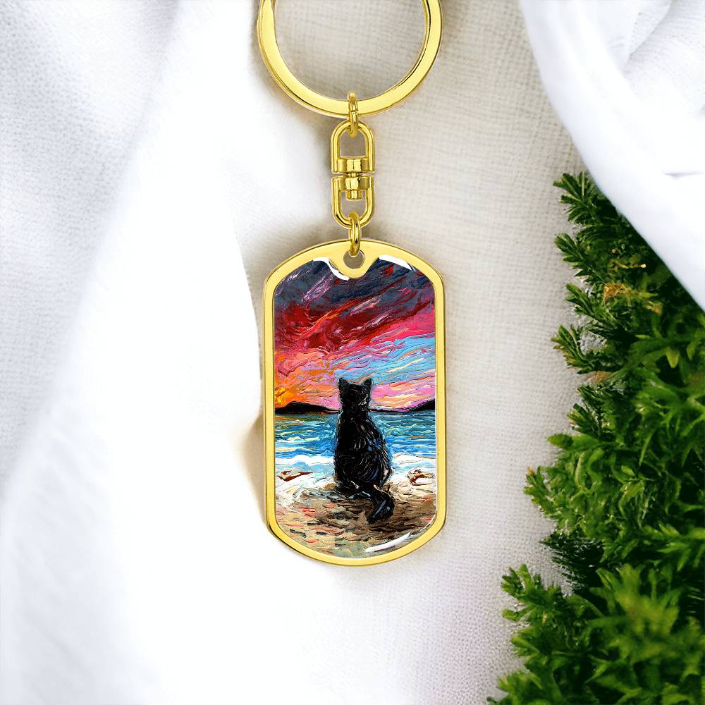 Beach Days - Black Cat Starry Night Dog Tag Keychain